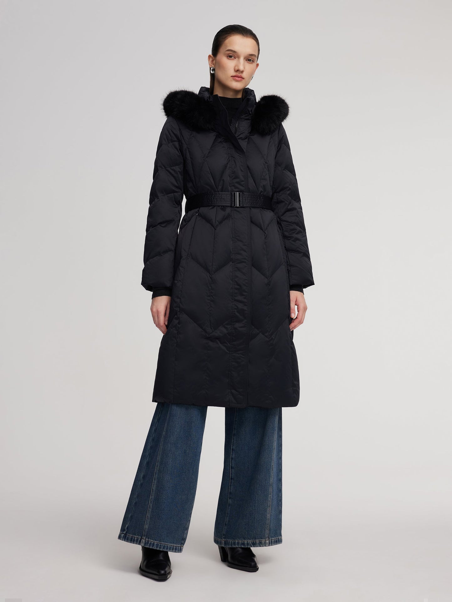 Gathered Waist Long Goose Down Garment With Faux-Fur Collar