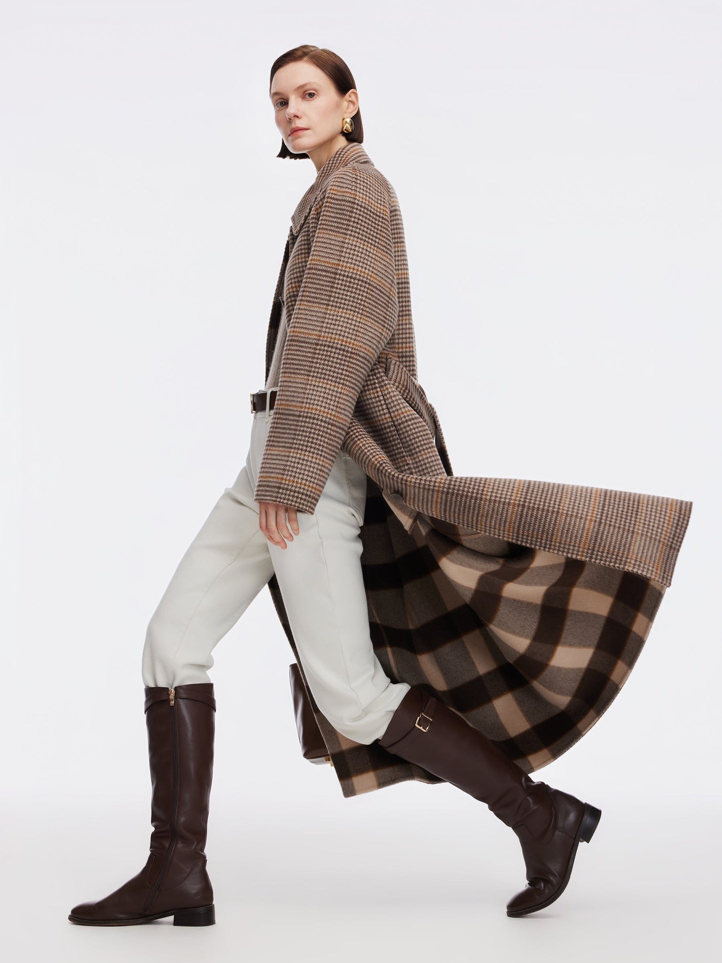 Cashmere Wool Blend Plaid Double-Faced Women Wrap Overcoat