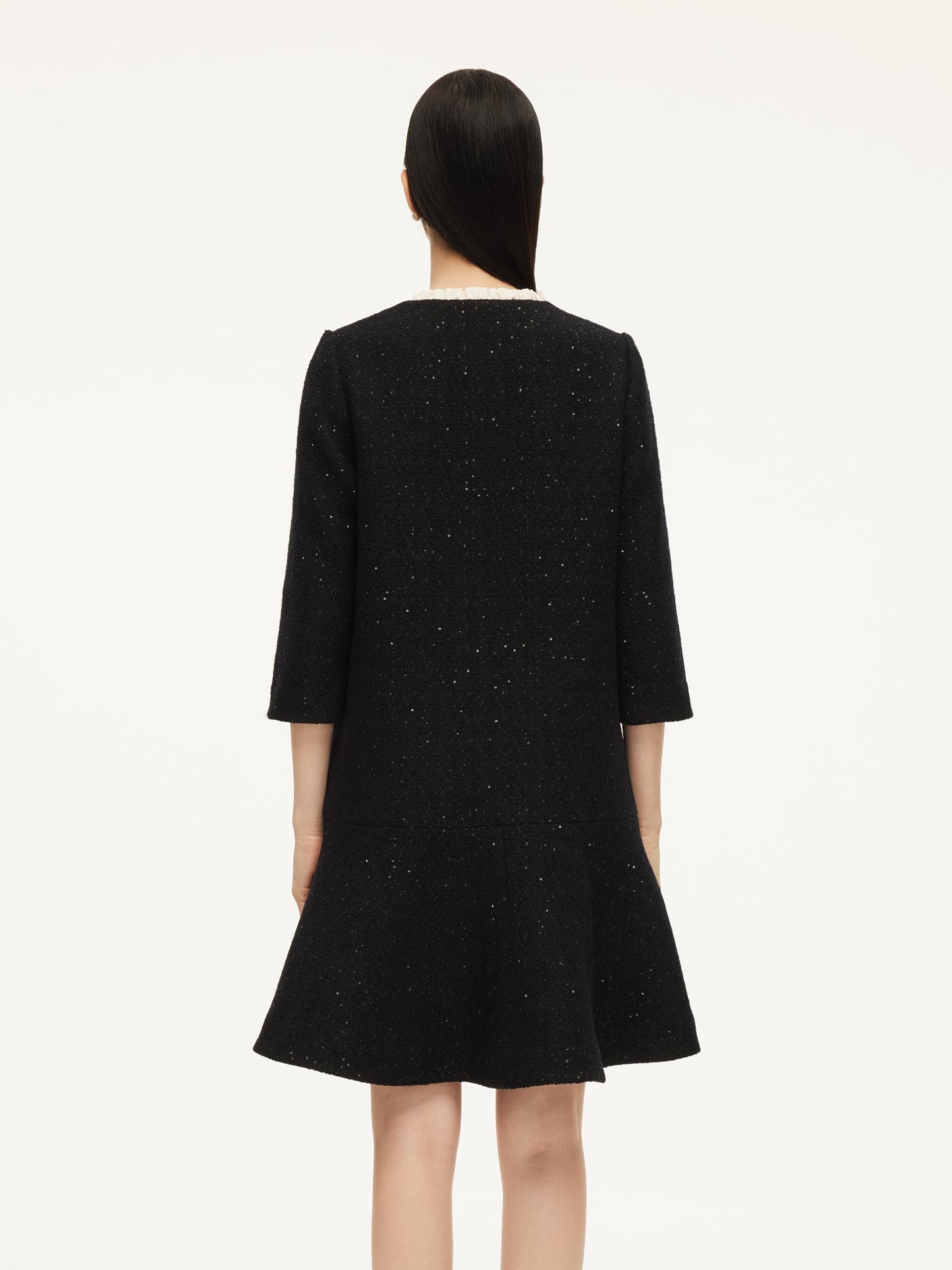 Wool Blend Sequins Ruffle Hem Women A-Line Mini Dress