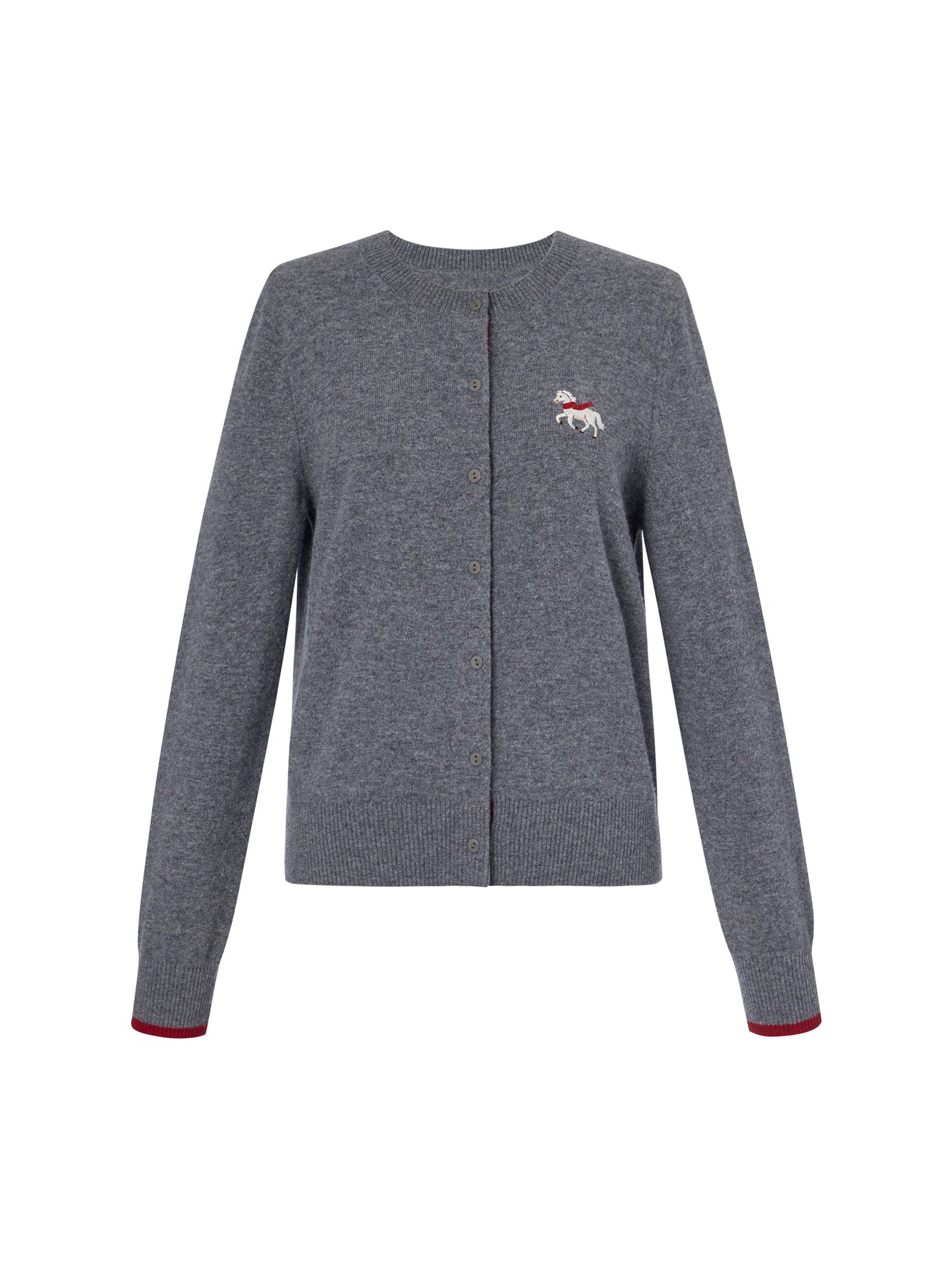 100% Wool Color Block Pony Embroidered Women Cardigan