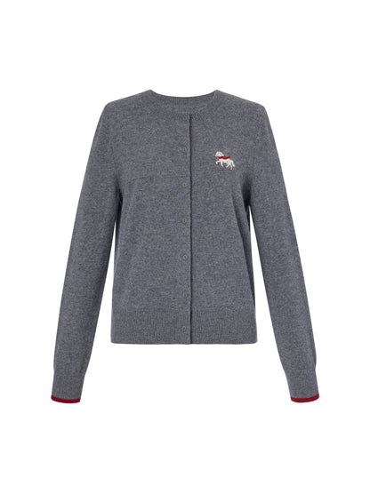 100% Wool Color Block Pony Embroidered Women Cardigan