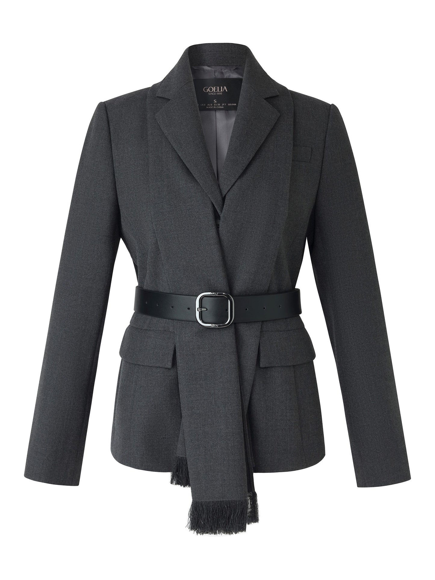 Worsted Wool Blend Women Blazer With Fringe Scarf And Belt