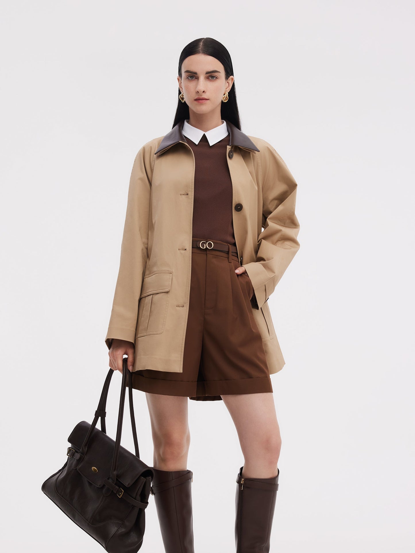 Cotton Adjustable Cuffs Self-Tie Belt Women Trench Coat