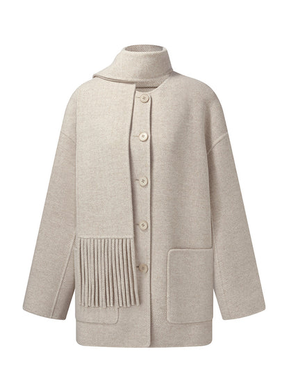 Cashmere Wool Blend Women Coat With Fringe Scarf