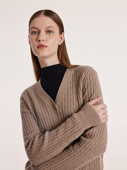 Camel Pure Cashmere V-Neck Cable Knit Women Cardigan