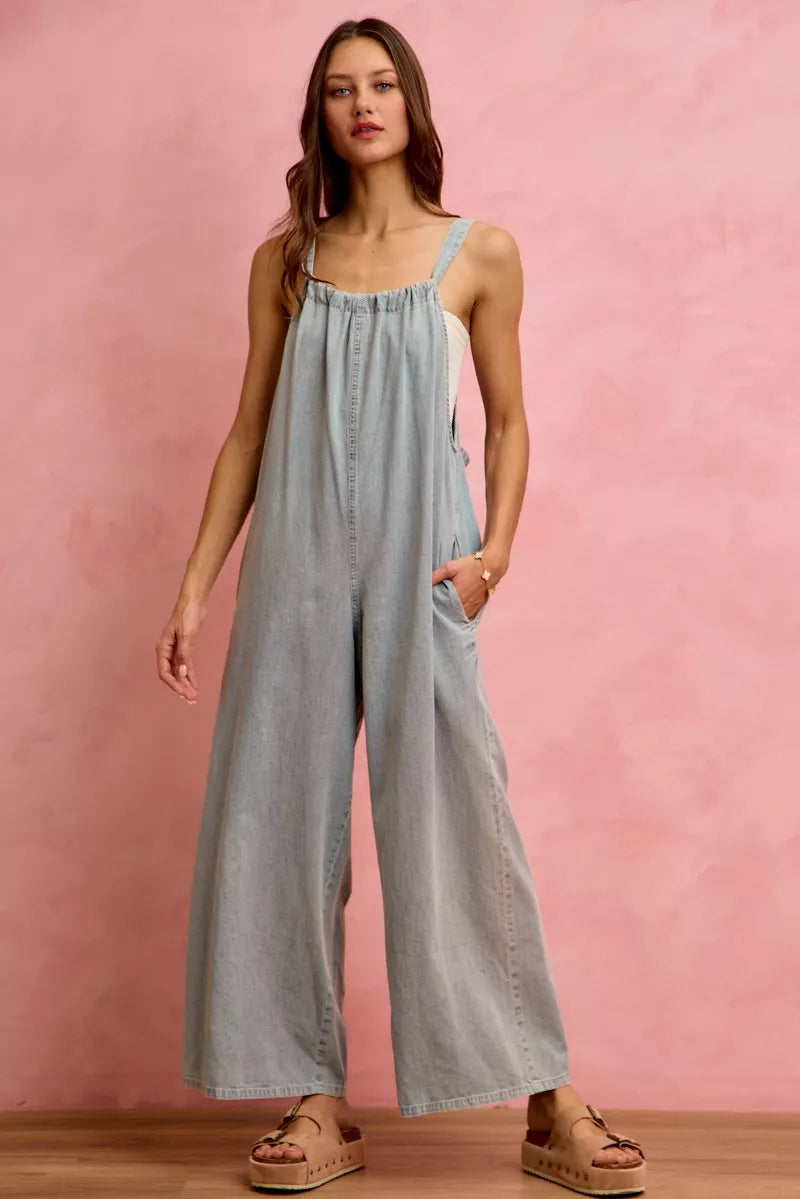 SO ME Wide Leg Lightweight Denim Overalls