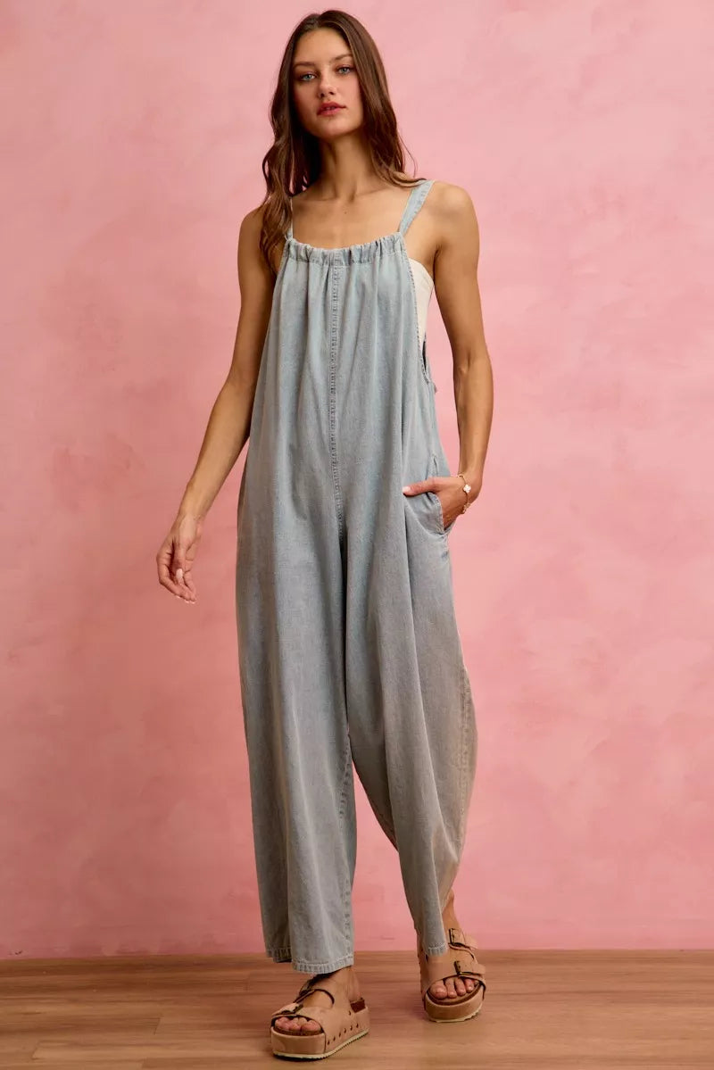 SO ME Wide Leg Lightweight Denim Overalls