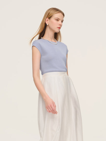 Tencel Blend Asymmetrical Hem Women Knit Top With Ribbon
