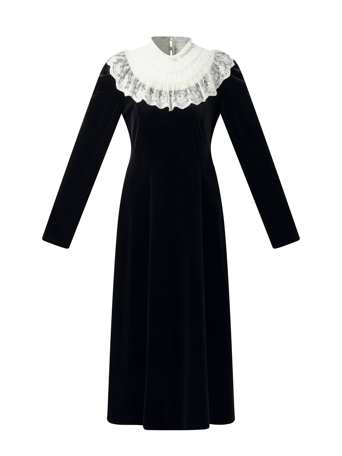 Velvet Sheer Lace Collar Women Midi Dress With Beret