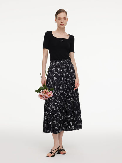 Ribbon Print A-Line Women Skirt
