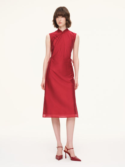 Tencel Blend Sleeveless Women Qipao Midi Dress