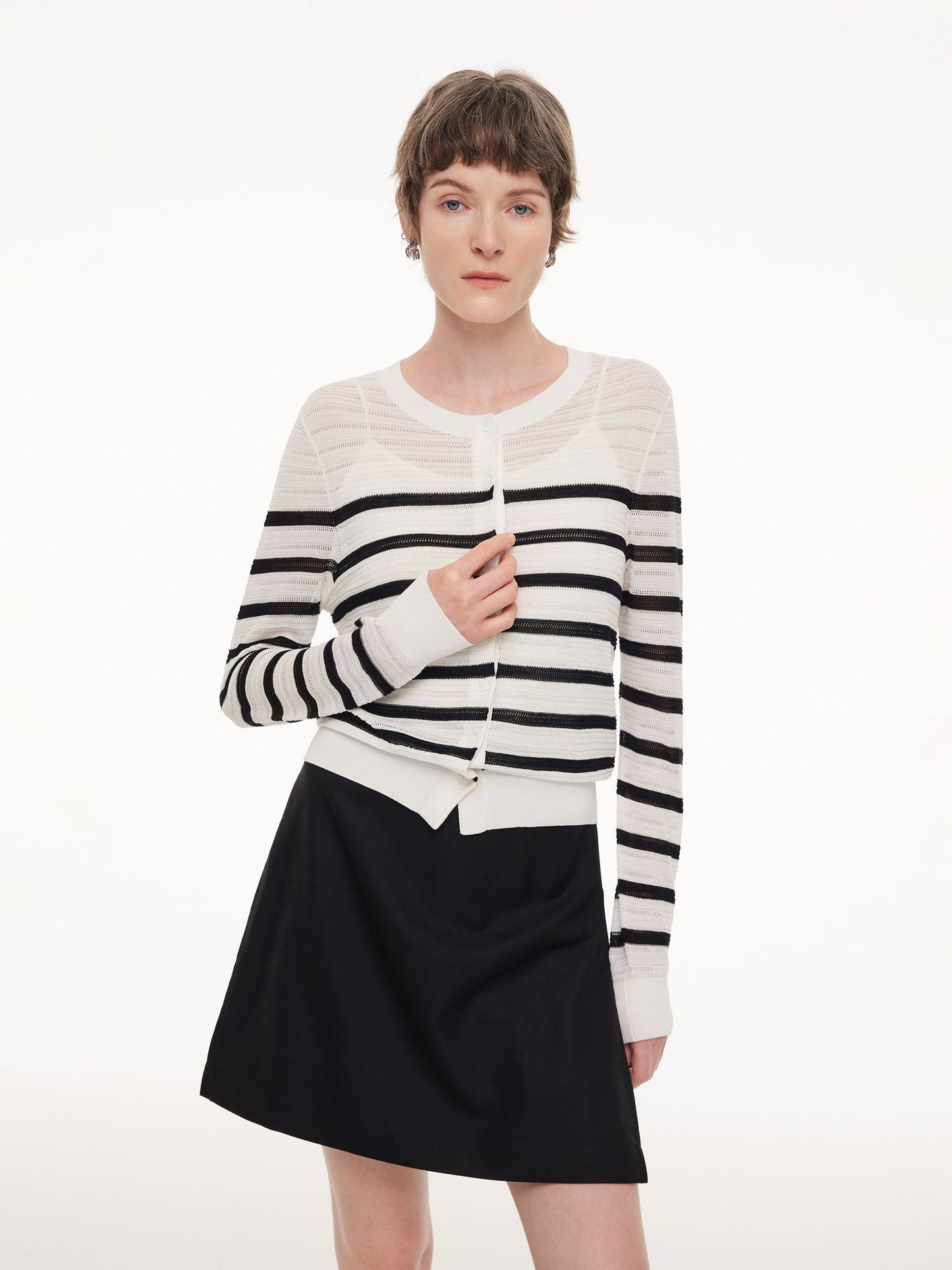 Acetate Cotton Blend Stripe Women Cardigan
