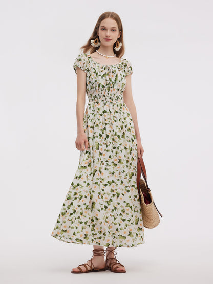 Acetate Blend Floral Print Adjustable Drawstring Neckline Women Maxi Dress