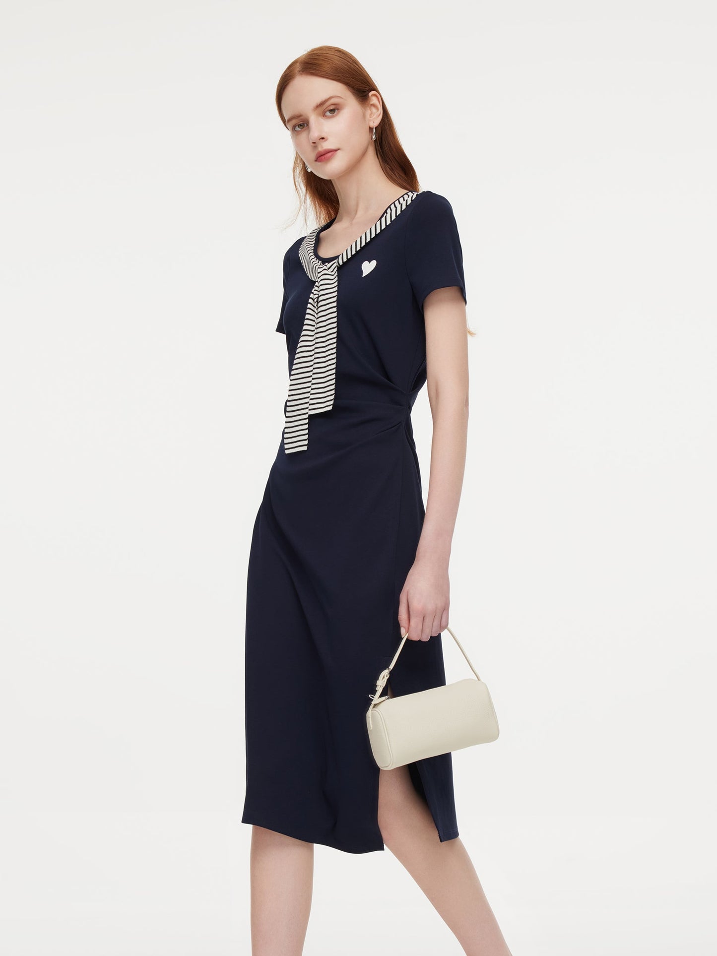 Stripe Scarf Neck Women Slit Knit Midi Dress
