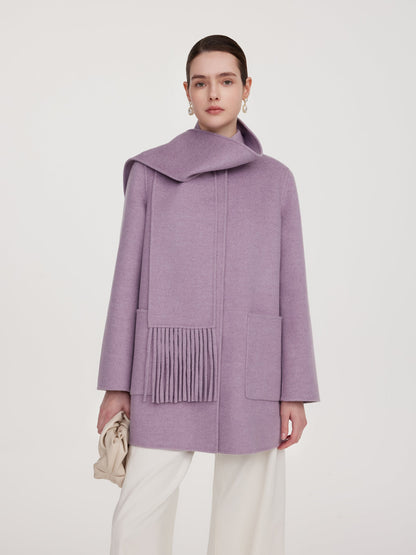 100% Wool Double-Faced Women Coat With Fringe Scarf