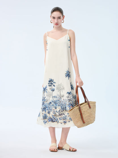 Tencel Linen Blend Floral Print Women Strap Maxi Dress
