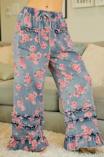 BiBi Washed Floral Denim With Ruffle Elastic Wide Pants