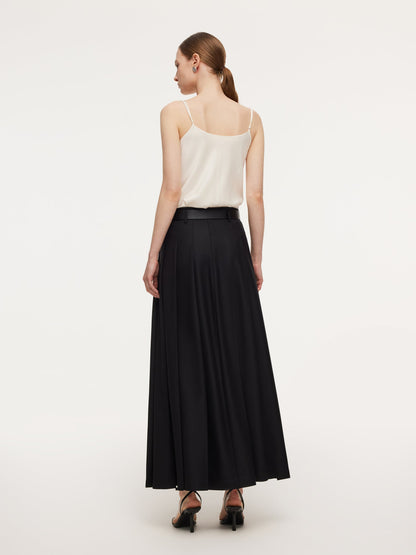 100% Wool Side Slit Women Pleated Skirt With Belt