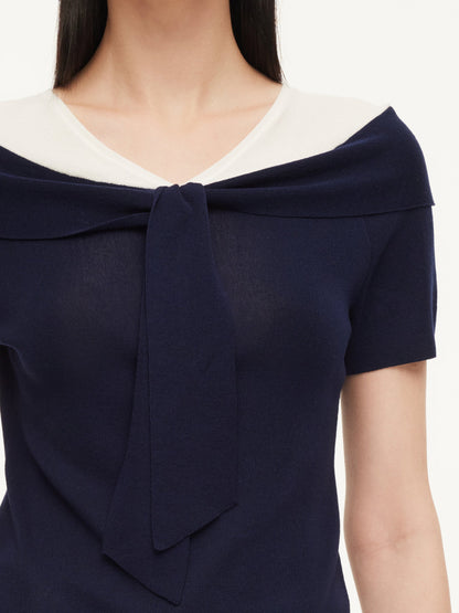 Tencel Blend Color Block Tie Front Women Knit Top