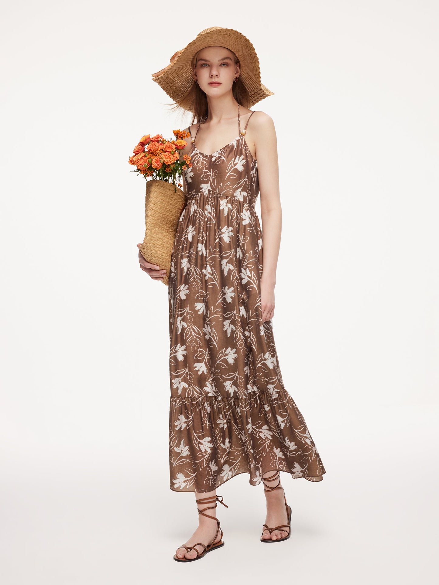 Tencel Blend Floral Print Women Strap Maxi Dress