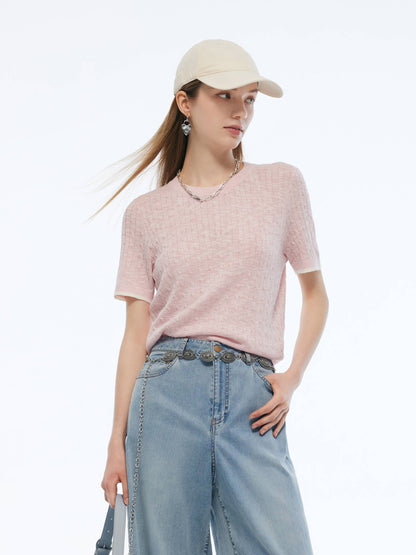 Round Neck Women Cable Knit T-Shirt