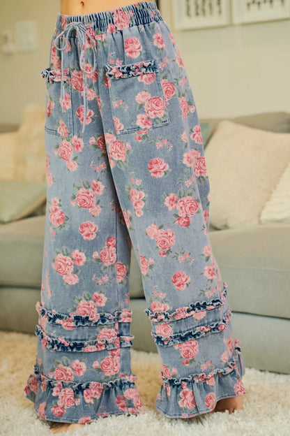 BiBi Washed Floral Denim With Ruffle Elastic Wide Pants