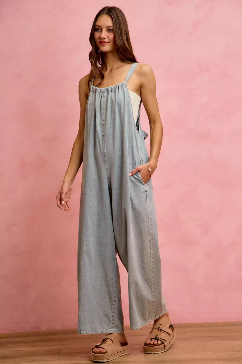 SO ME Wide Leg Lightweight Denim Overalls
