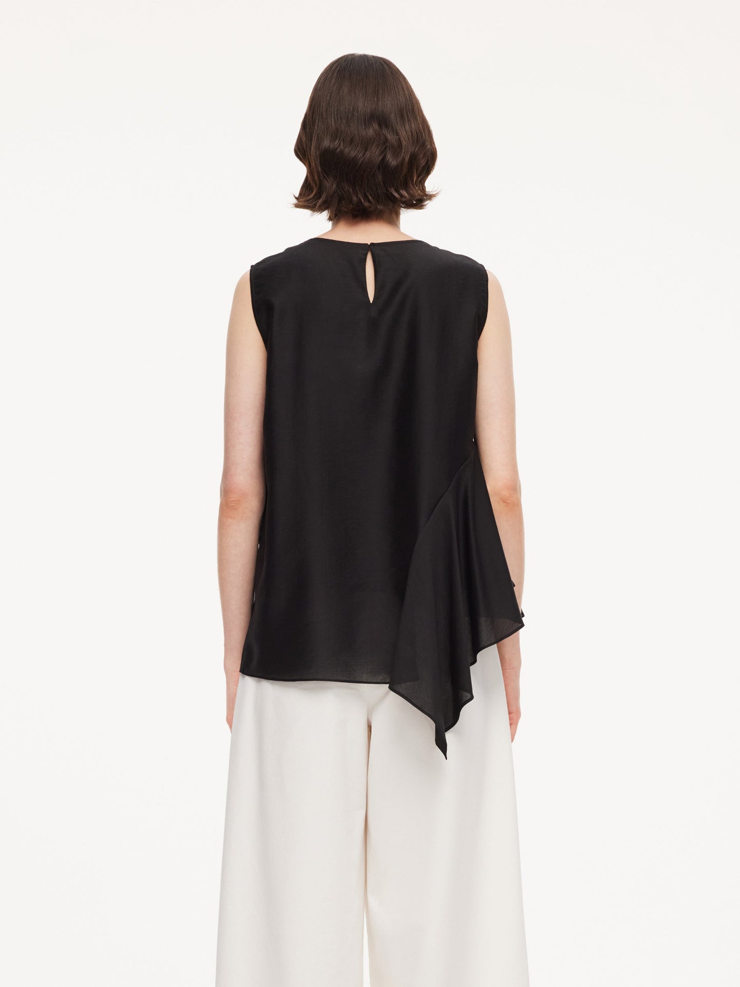 Lyocell Blend Black Ruffle-Detailing Women Tank Top