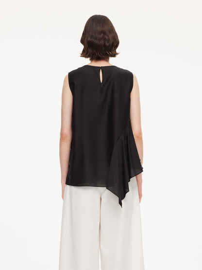 Lyocell Blend Black Ruffle-Detailing Women Tank Top