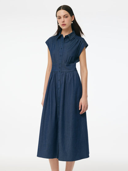 Denim Stretch Women Maxi Shirt Dress