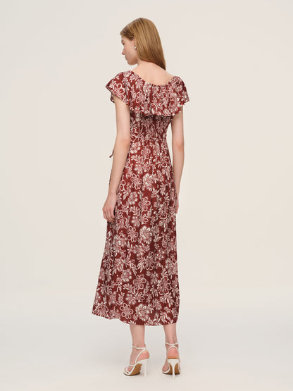 Marigold Floral Print Convertible Elastic Neck Women Maxi Dress