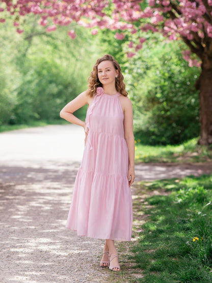 Women Halter Maxi Dress With Detachable Flower