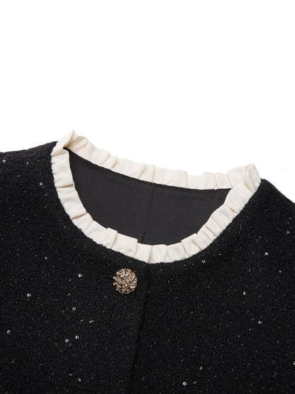 Wool Blend Sequins Ruffle Hem Women A-Line Mini Dress