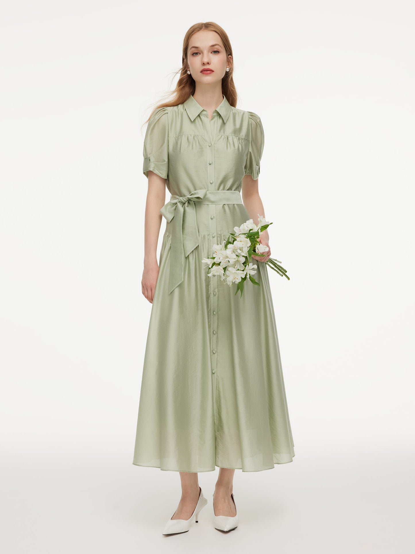 Tencel Blend Puff Sleeve Women Belted Maxi Shirt Dress