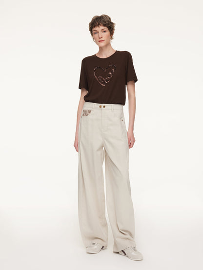 Sequined Heart Round Neck Women T-Shirt
