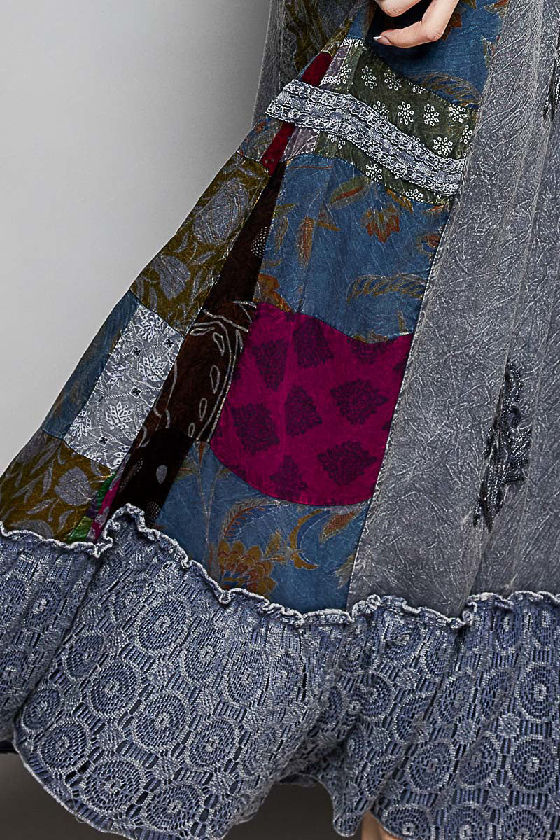 POL Printed Patchwork Embroidered Ruffled Skirt