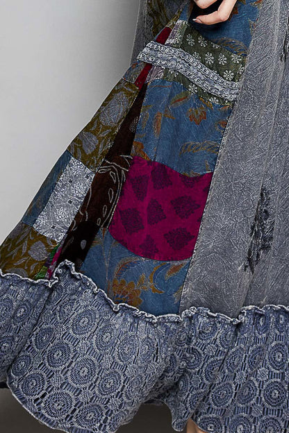 POL Printed Patchwork Embroidered Ruffled Skirt