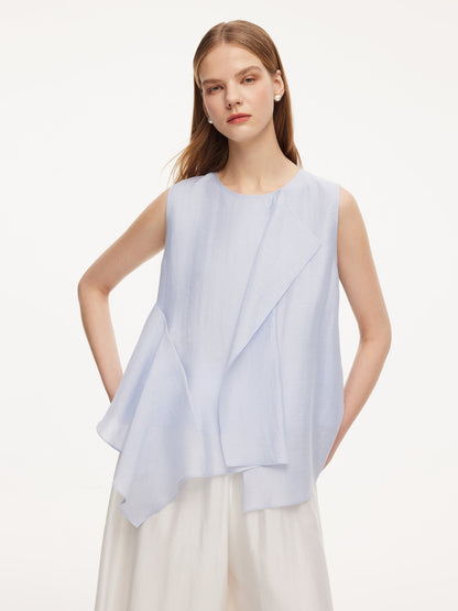 Lyocell Blend Light Blue Ruffle-Detailing Women Tank Top