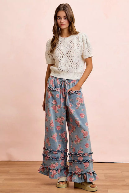 BiBi Washed Floral Denim With Ruffle Elastic Wide Pants