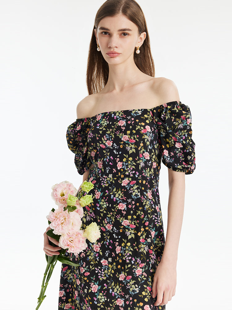 Mulberry Silk Rose Print Women Maxi Dress