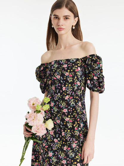 Mulberry Silk Rose Print Women Maxi Dress