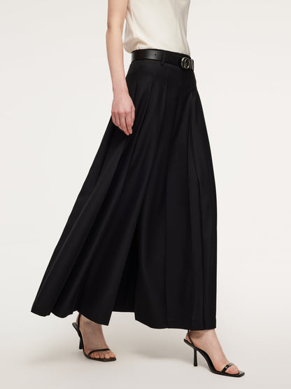 100% Wool Side Slit Women Pleated Skirt With Belt