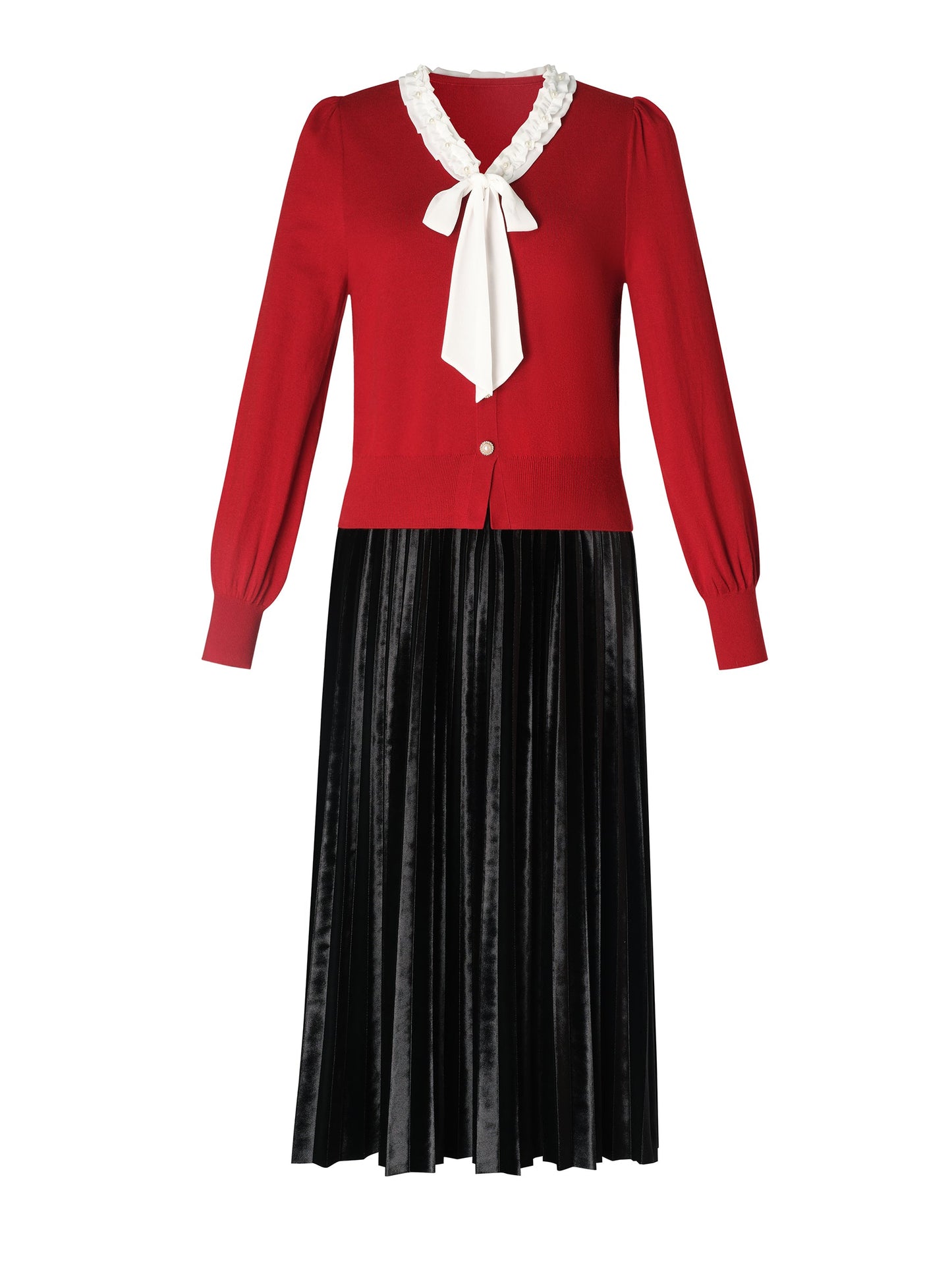 Knit Top And Velvet Pleated Skirt Two-Piece Set With Detachable Ribbon