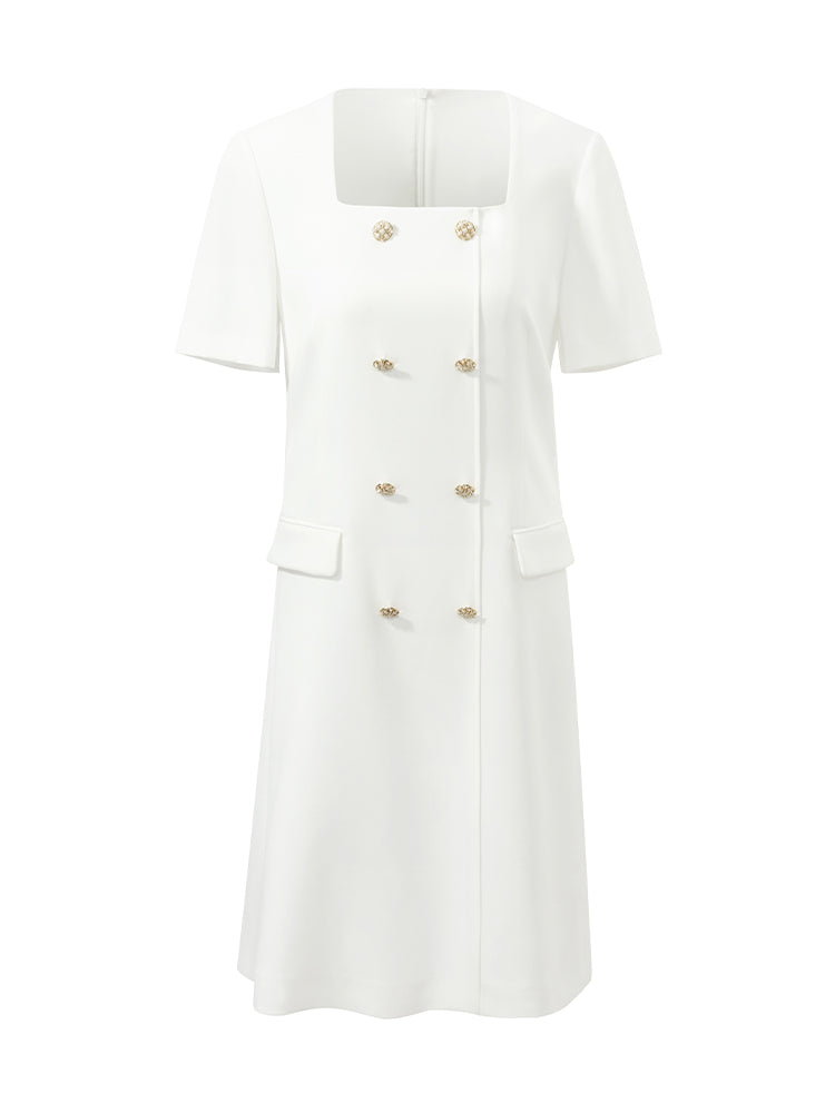 Triacetate Square Neck Double-Breasted Women Mini Dress