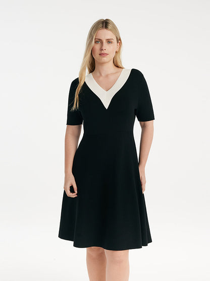 Pre-Order Contrast V-Neck Slim Knitted Women Midi Dress