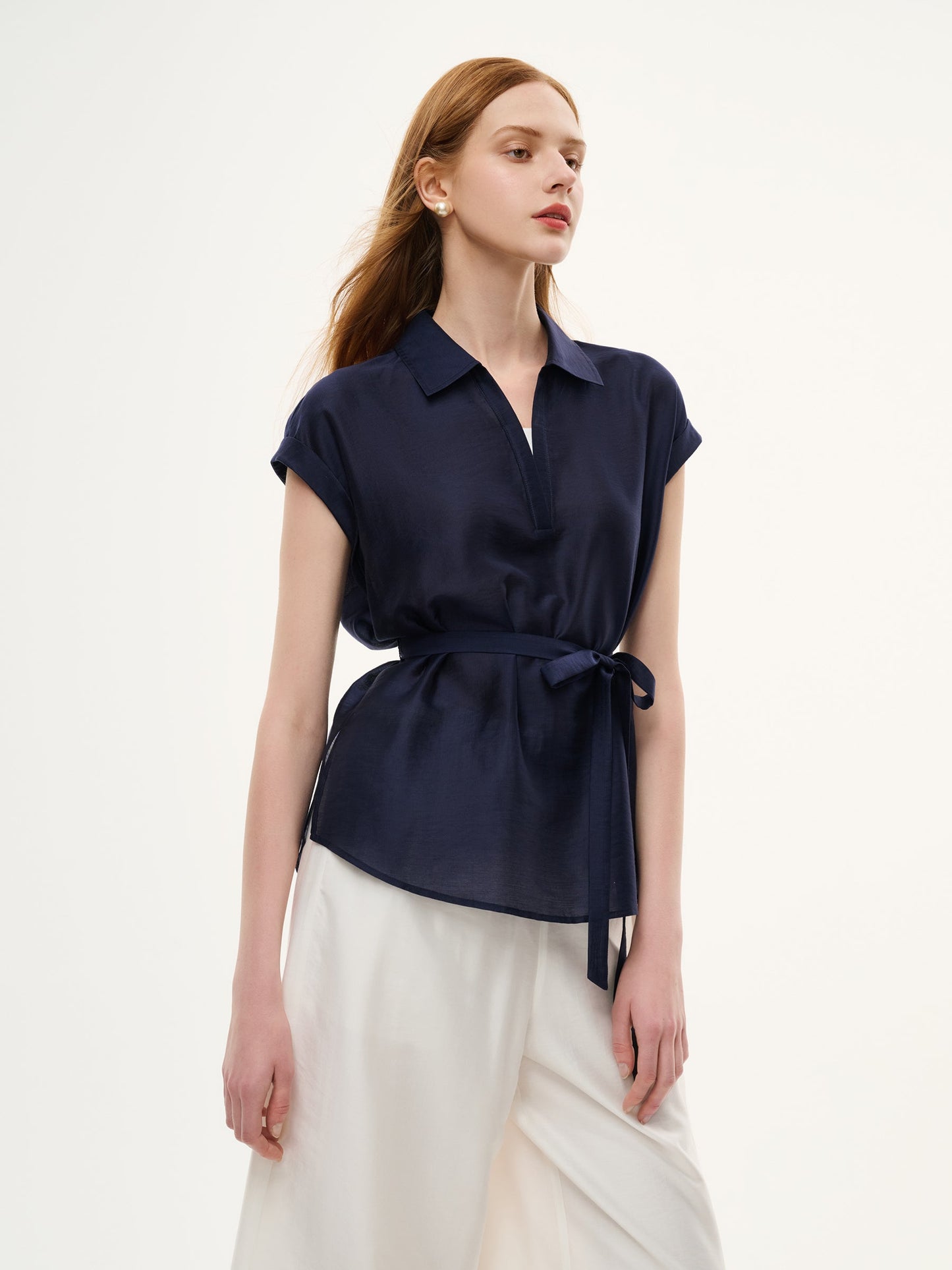 Pre-Order Tencel Blend Belted Blouse And Pants Two-Piece Set