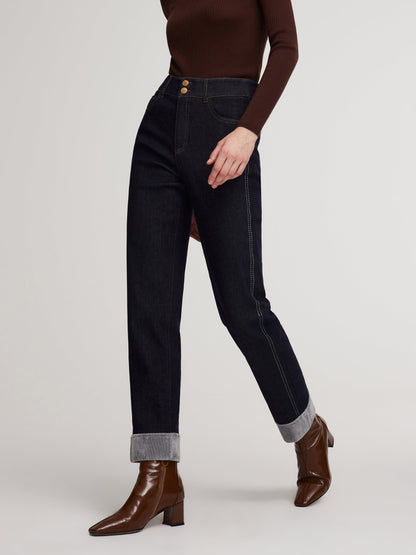 Denim High-Waisted Fleece Lined Women Folded Jeans