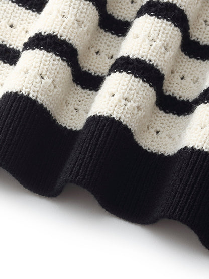 100% Cotton Stripe Women Openwork Knit T-Shirt