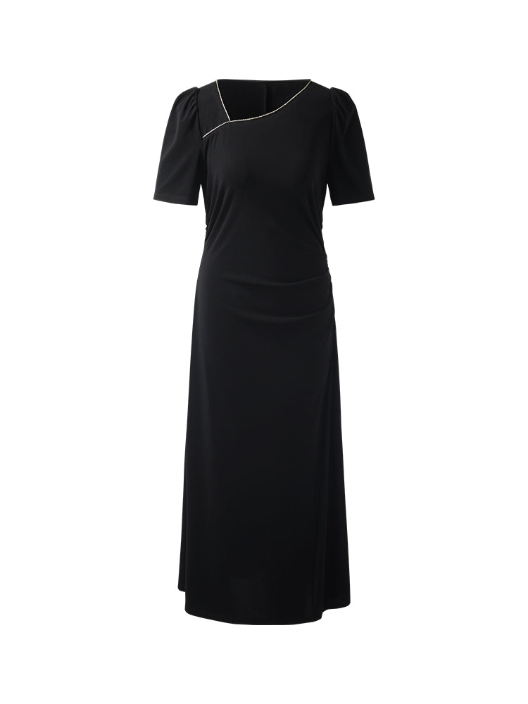 Acetate Asymmetric Neck Women Midi Dress