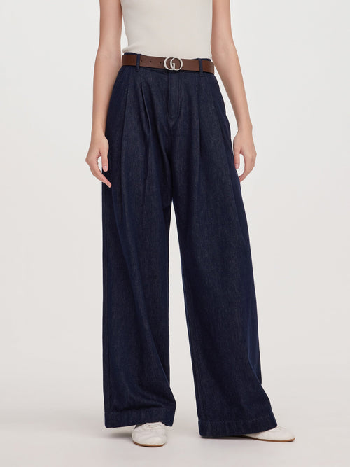 100% Cotton Denim Wide Leg Women Jeans With GO Letter Belt